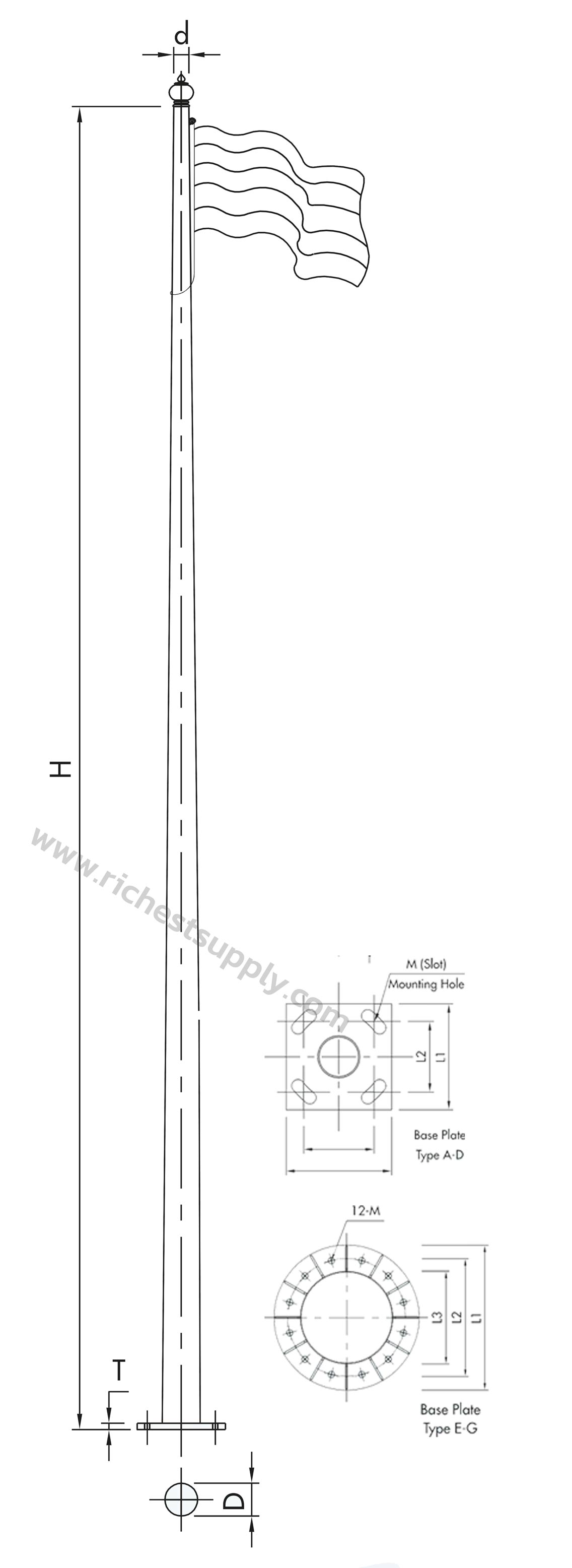 Dimensions เสาธง ชนิดกลมเรียว